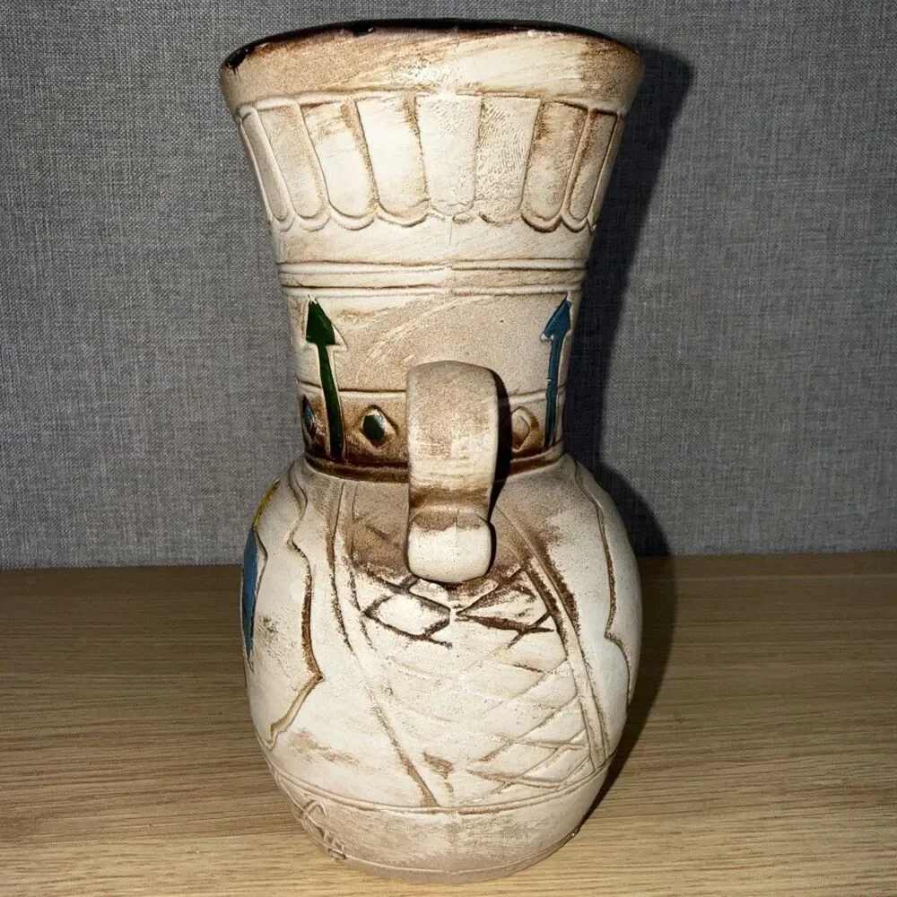 Vintage MM Enterprises Amphora Sand Colored Hand Painted Vase Made Japan Aztec